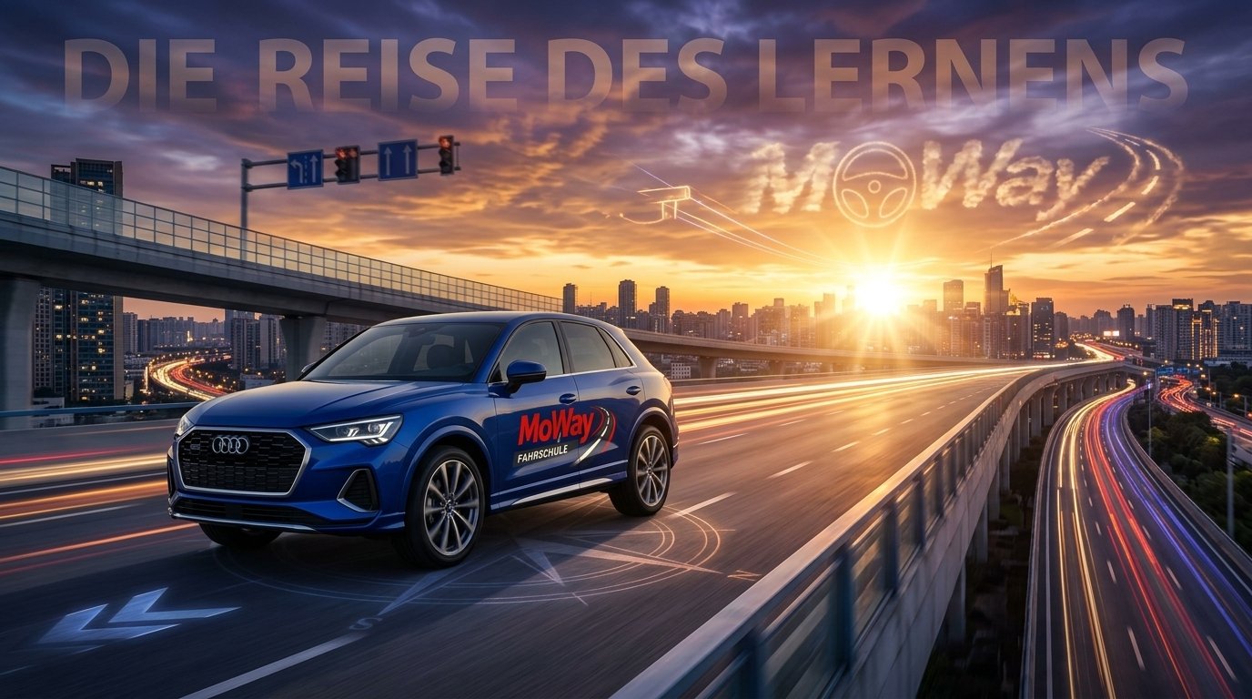 Der MoWay Fahrschulwagen bei Sonnenuntergang auf einer Stadtautobahn – Sinnbild für den Weg zum Führerschein.