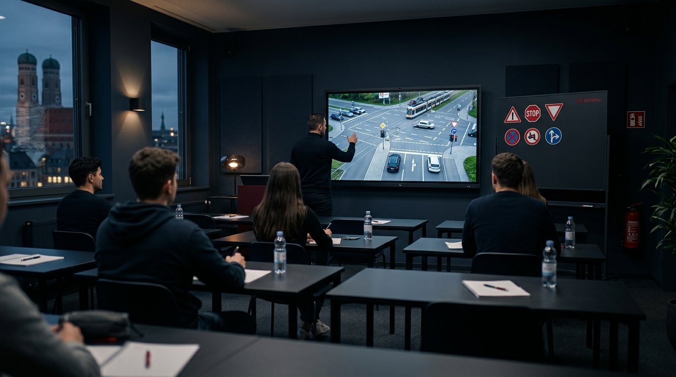 Theorieunterricht bei MoWay: Fahrlehrer erklärt eine Verkehrssituation am Bildschirm, Fahrschüler verfolgen mit.